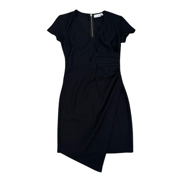 Bisou Bisou Black Asymmetrical Dress Mini Sheath Work Party Sz 4 Textured V Neck - Picture 2 of 6